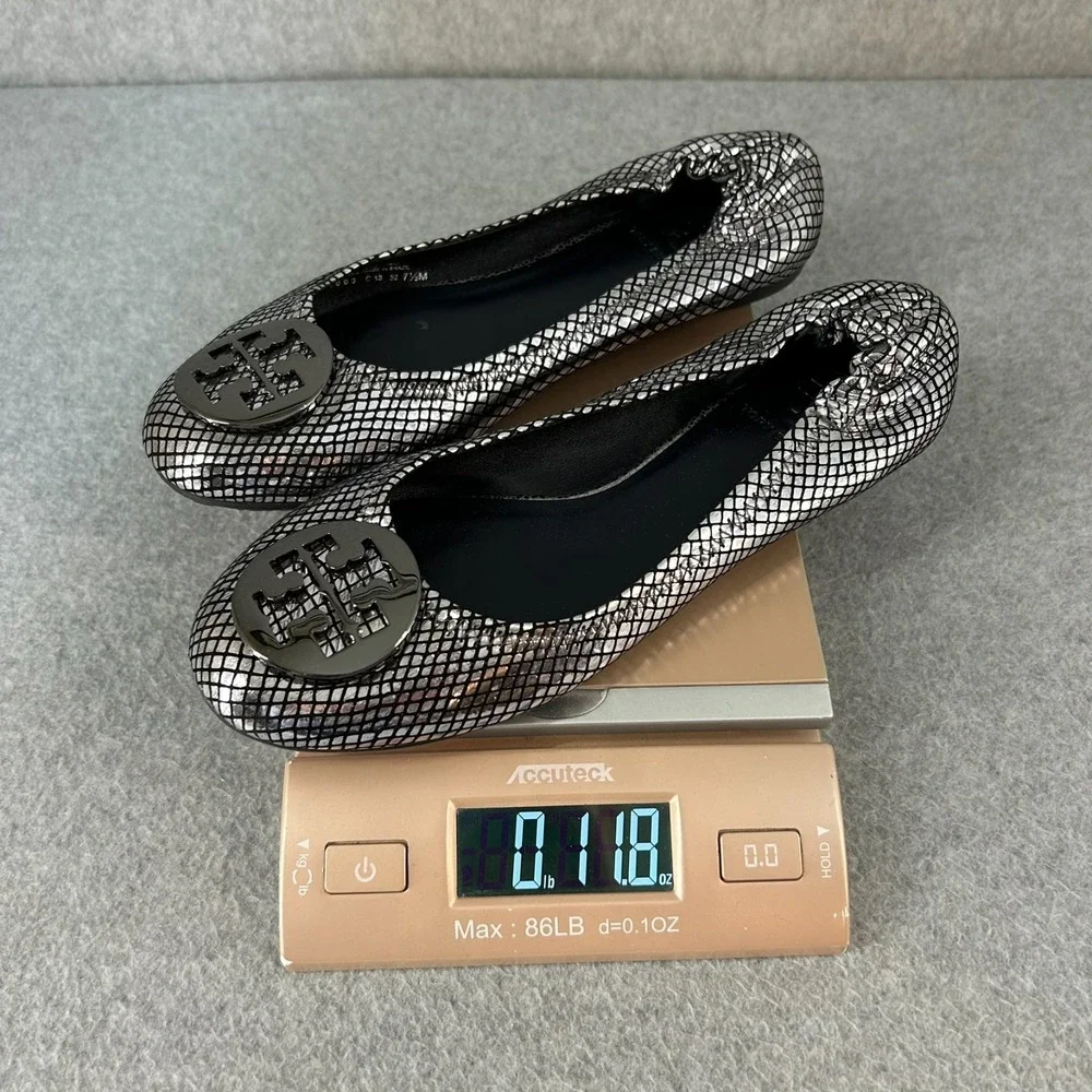 Tory Burch Platinum Silver Embossed Reva Leather Flats Slip On Shoes Size 7.5 M